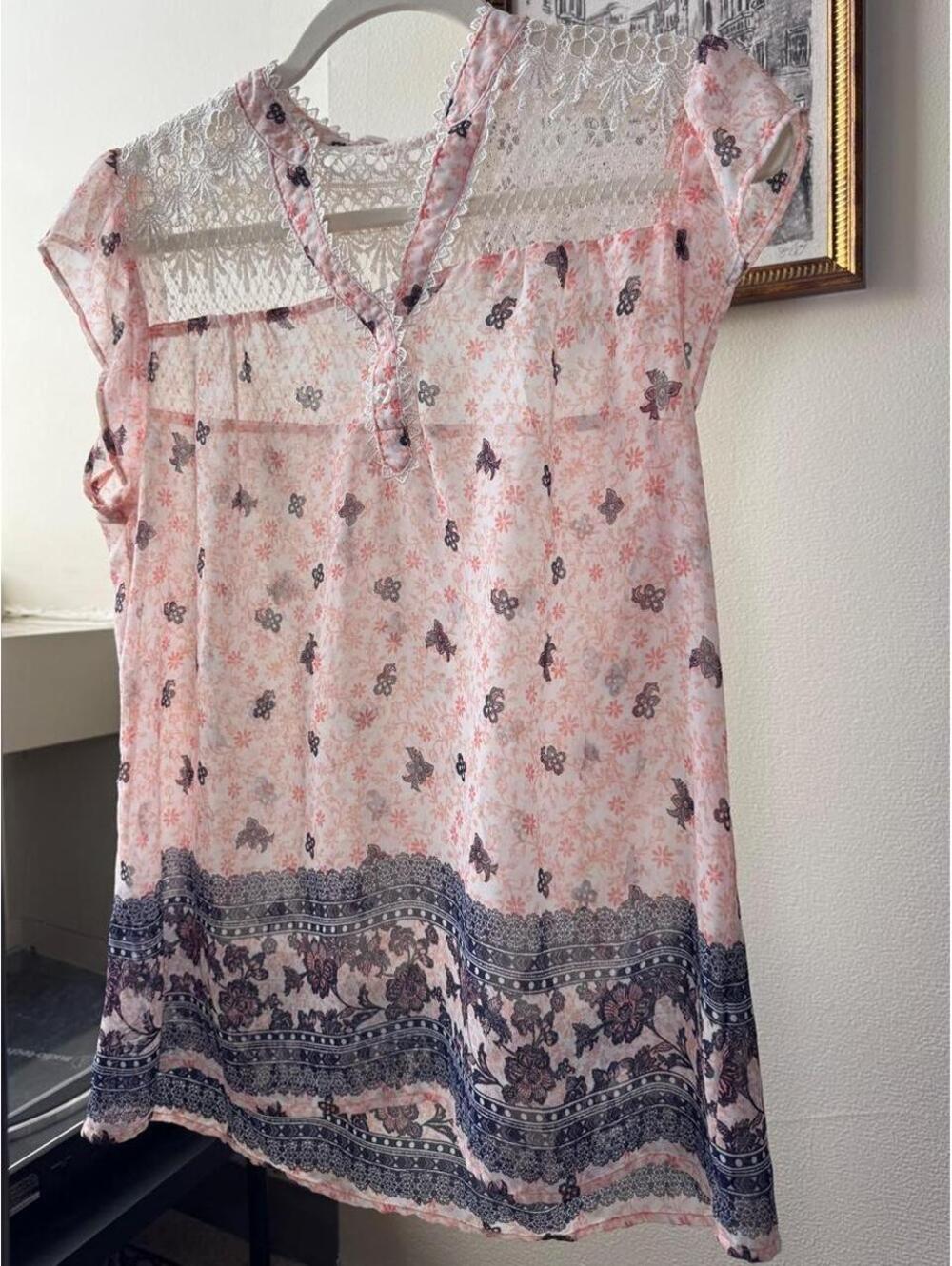 Pink and blue floral mine brand and butterfly print blouse with lace trim size L